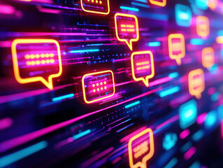 Obraz premium Glowing speech bubbles in vibrant neon colors symbolize digital communication