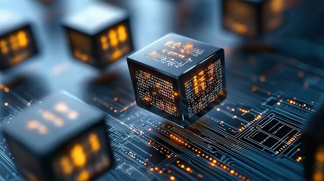 Blockchain enables smart contracts across decentralized nodes. Futuristic digital cubes on a glowing circuit board.