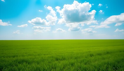 Obraz premium Endless Green Field Under a Blue Sky with Fluffy Clouds
