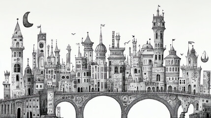 Obraz premium A whimsical drawing featuring a fantastical cityscape with unique towers and bridges.