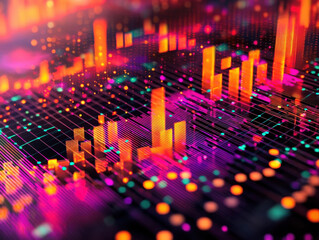 Obraz premium Vibrant data visualization with glowing bar charts and grids