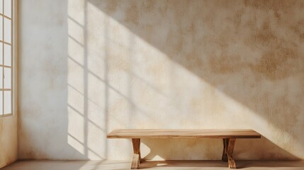 Wooden table mockup on stucco background with window shadow on the wall, beige earthy color tones,

