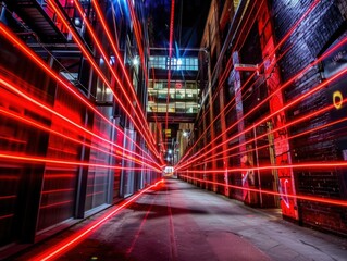 Fototapeta premium Red light streaks in urban alley at night