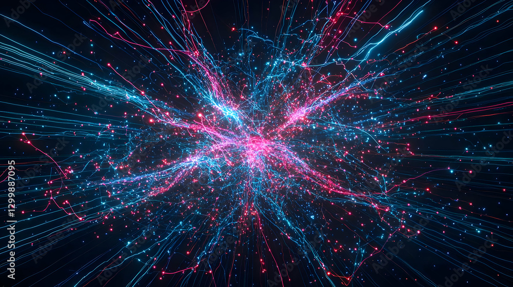 Poster abstract digital data visualization with glowing blue and red lines in dark background