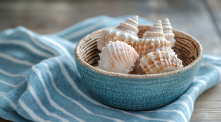 a coastal-inspired table setting with seashells and a blue-and-white strip