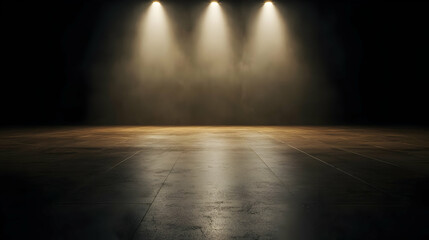 Three Golden Spotlights Illuminate Concrete Surface In Dark Setting