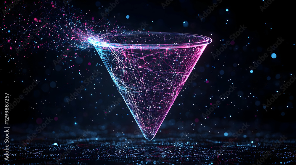 Poster abstract digital data funnel shape with blue and pink particles on dark background