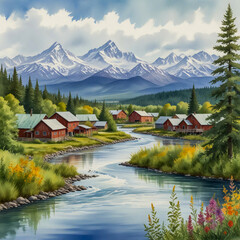 Fototapeta premium watercolor illustration of Talkeetna, Alaska, with its quaint village center surrounded by dense forests and the towering Alaska Range