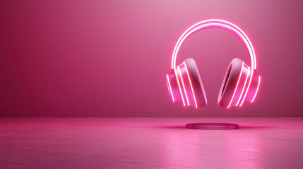 Obraz premium Glowing pink headphones floating in minimalistic space