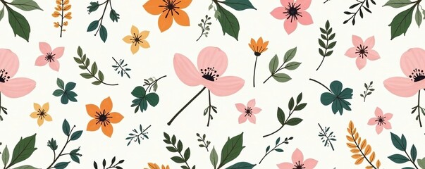 Whimsical botanical inspired pattern featuring delicate leaves, petals, and branches in a symmetrical design, symmetrical, botanical