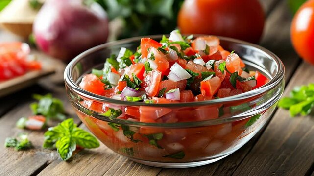 Fresh salsa made with ripe tomatoes, onions, and herbs in a clear bowl placed on a wooden table