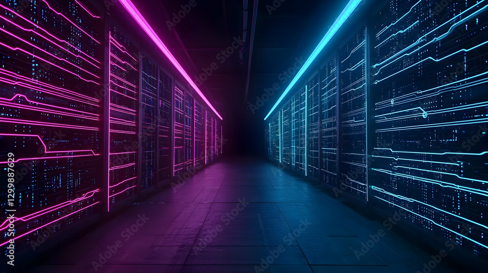 Poster abstract neon lit server room interior design showing data stream and digital circuit lines