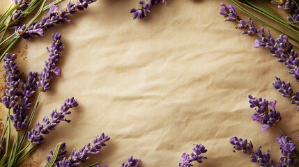 Naklejka premium Purple lavender sprigs arranged around textured vintage paper background
