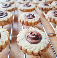 Chocolate hazelnut cookies, popular cookies for Eid celebrations in Indonesia, made from flour, sugar, butter, egg and spread chocolate on top 