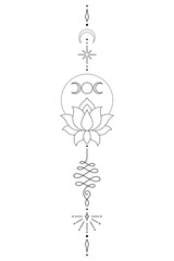 Sacred Lotus Unalome Tattoo Design Minimalist Spiritual Symbol. Vector isolated buddhist line hand drawn symbol.