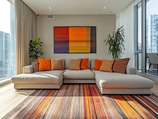 A modern well lit living room with vibrant colorful elements