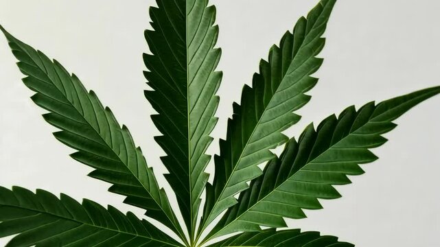 Close view of a vibrant green cannabis leaf showcasing intricate details and textures against a clean background