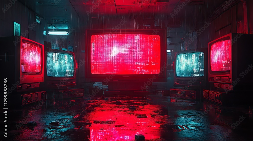 Poster red and blue television screens displaying vibrant digital glitch static effects with colorful disto