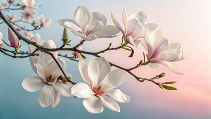 Fototapeta premium Beautiful magnolia flowers on a branch against a soft gradient background.