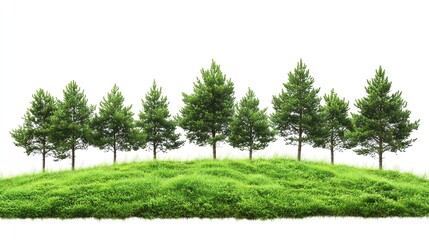 Evergreen trees on a grassy patch in a horizontal arrangement, isolated on pure white background, vivid green color, highresolution textures