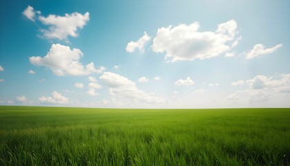 Lush Green Field Under a Bright Blue Sky with Clouds