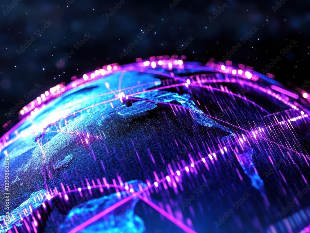Poster globe with blue and purple background representing global connectivity and diversity