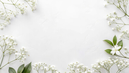White flowers frame a blank space on a light background.
