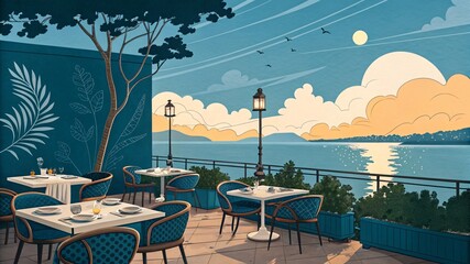 Fototapeta premium Serene Seaside Restaurant at Sunset with Elegant Tables & View V4