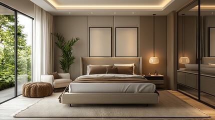 Modern Cozy Bedroom with Natural Light and Greenery