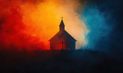 Fototapeta premium Foggy scene of a church surrounded by misty landscape and trees in the early morning light