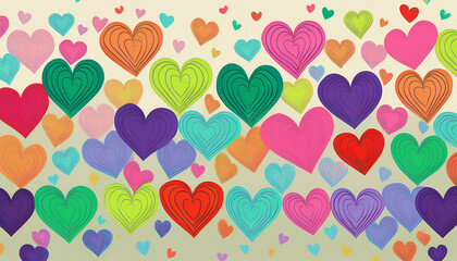 Bright, rainbow-colored hearts arranged in a repeating playful pattern over a soft white background.
