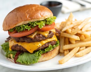 Delicious Cheeseburger with Crispy Onions and Fries - Mouthwatering Food Photography