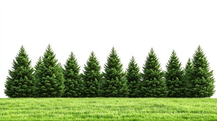 Fototapeta premium Horizontal line of dense evergreen trees on fresh green grass, isolated on a white background, detailed foliage, ultrasharp 8K clarity