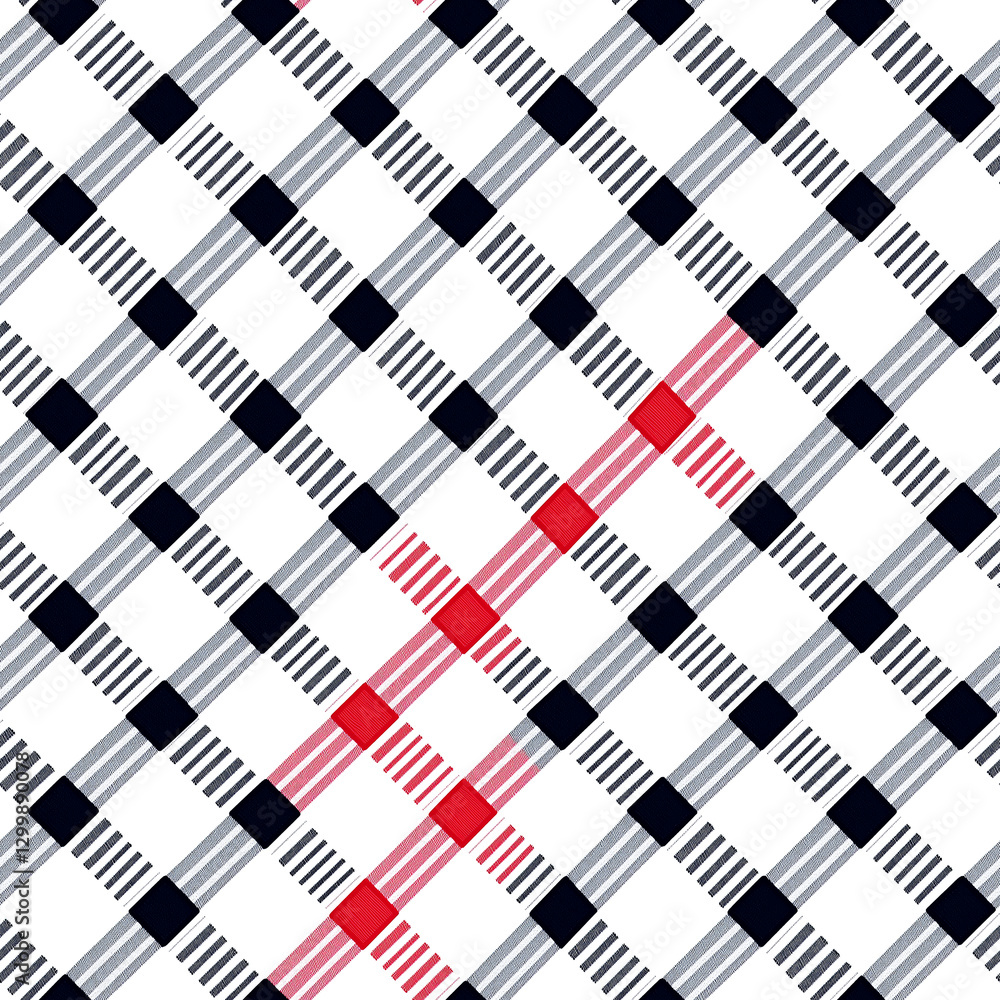 Poster a patterned textile featuring a grid of black and white squares with red accents, creating a bold, m