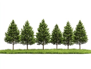 Horizontal row of evergreen trees on a grassy patch, isolated on clean white background, realistic textures, sharp foliage details