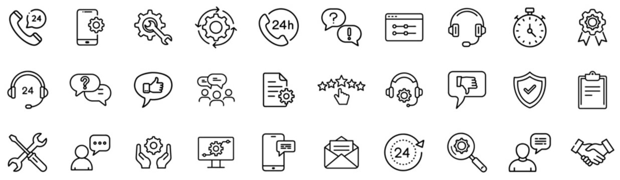 Customer Support & Technical Assistance Outline Icon Bundle &ndash; Helpdesk, 24/7 Service, Troubleshooting, Communication