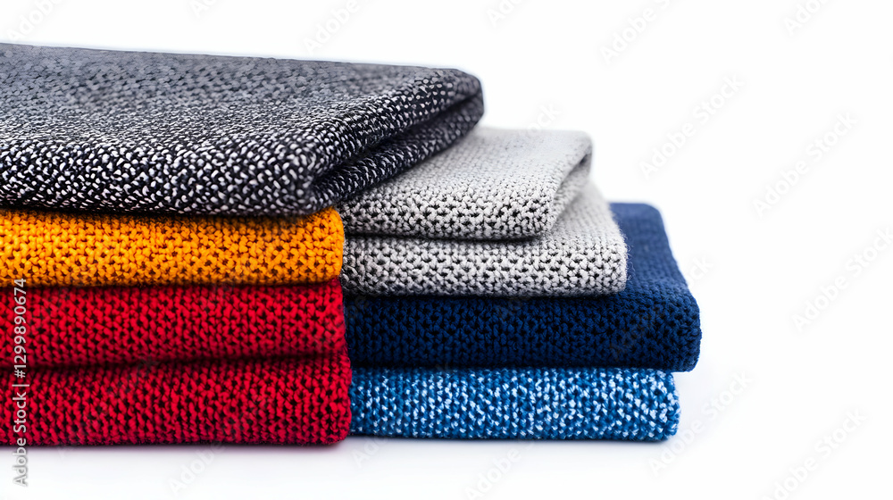 Poster stack of colorful patterned textiles on white background displaying detail and texture