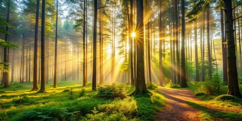 Fototapeta premium Serene Sunlit Forest Mist: Magical Dawn in Woodland
