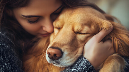 hugging their pet tightly, eyes closed, radiating comfort and deep affection 