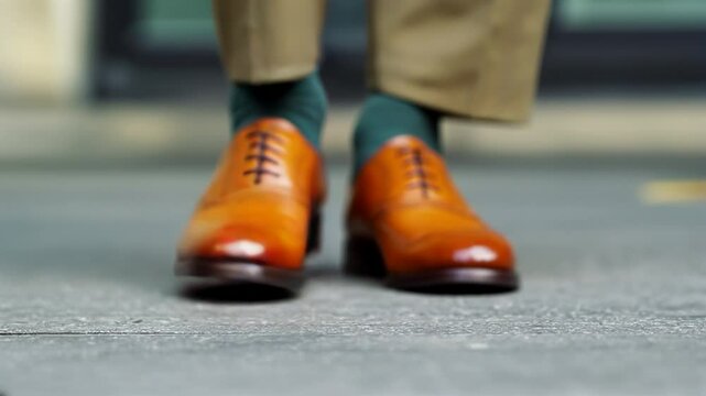 Stylish formal leather brogues formal shoes paired with green socks, highlighting business fashion, sophistication, and high-end footwear details. Video made using Generative AI.