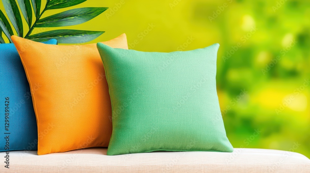 Poster vibrant colorful cushions on couch with soft focus background in home setting