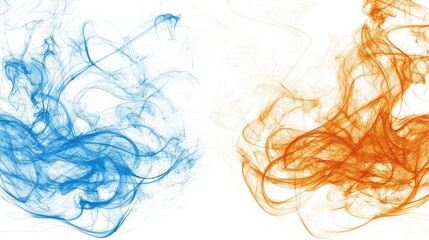 Blue and orange smoke swirls on white background; abstract art for design