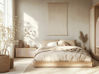 A serene bedroom featuring warm tones, natural materials, and soft lighting.