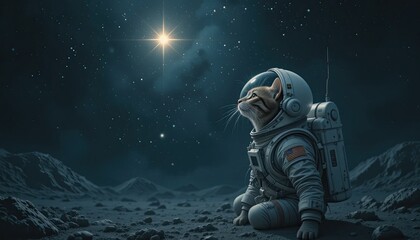Fototapeta premium Astronaut cat exploring the moon fantasy art night sky cosmic adventure