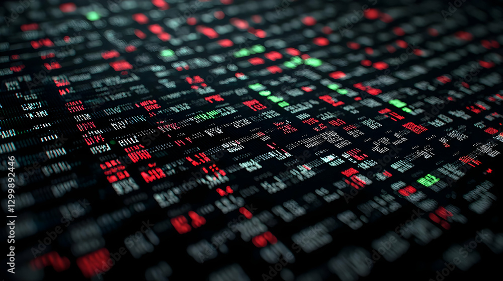 Poster abstract digital data displaying red and green financial information over black background