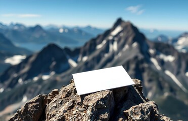 A blank white business card mockup is on the top of mountain