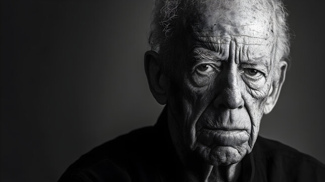 black-and-white portrait of an elderly man with deep wrinkles and a contemplative expression 