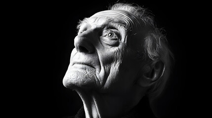 black-and-white portrait of an elderly man with deep wrinkles and a contemplative expression 
