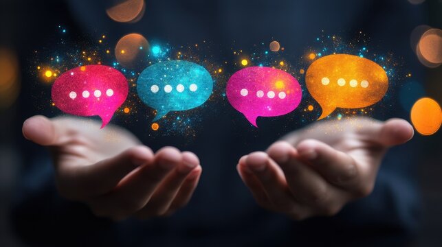 Colorful speech bubbles float above open hands. Illustrates communication, dialogue, and online interaction concepts.