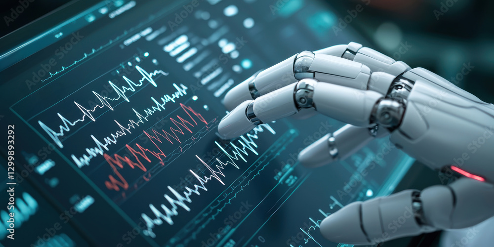 Poster artificial intelligence in healthcare concept. futuristic robotic hand interacting with a digital di